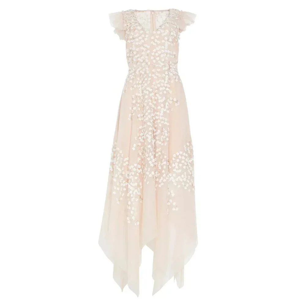 NWT BCBG MaxAzria Emery in Bare Pink 3D Floral Embroidered Asymmetric Dress 4 - Picture 6 of 6